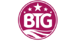 Circular magenta Betgames logo with the word “BTG” in white and decorative stars above it.