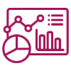 Magenta line icon of an analytics dashboard with a line chart, pie chart, bar chart, and data list.