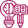 Magenta line icon of a database and document library with a brain symbol and vertical data columns.