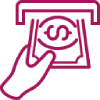Magenta line icon of a hand tapping a cashout button with an eye symbol