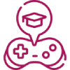 Magenta line icon of a person wearing a graduation cap above a game controller with a plus symbol