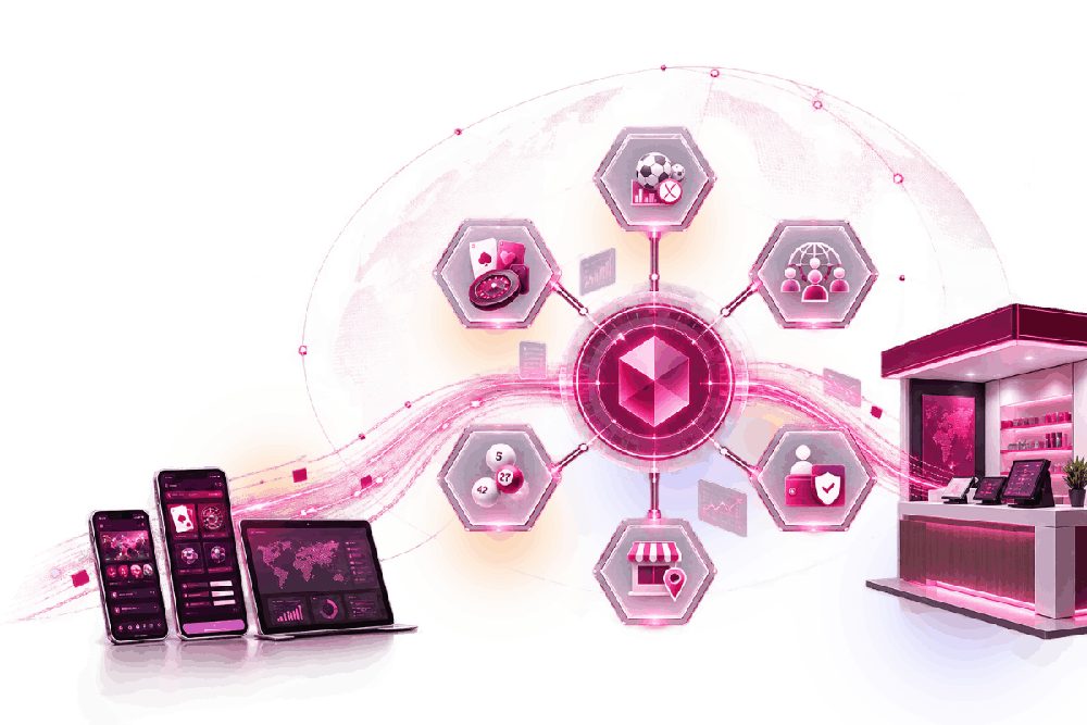 Digital illustration of connected casino and gaming devices surrounding a central platform interface with pink and purple icons.