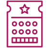 Magenta line icon of a lottery draw machine with a star at the top and rows of numbered balls.