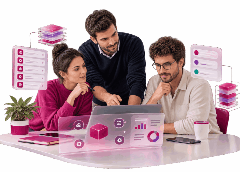 Three professionals gathered around a laptop displaying business data and analytics.