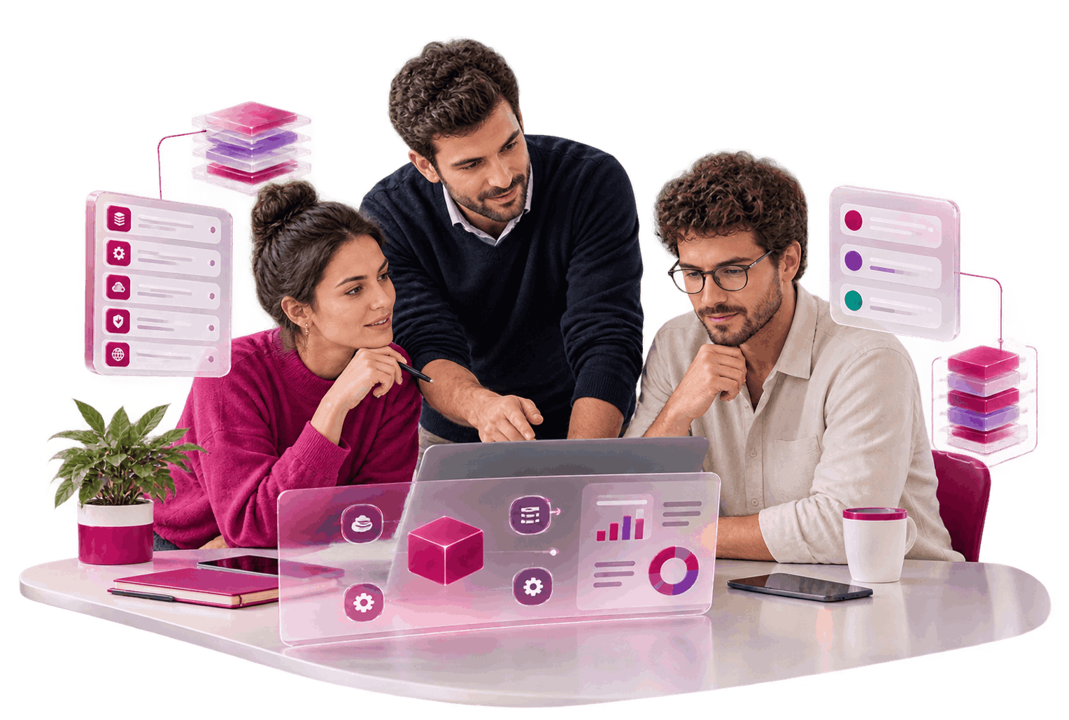 Three professionals gathered around a laptop displaying business data and analytics.