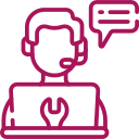 Magenta line icon of a customer service agent wearing a headset with a speech bubble.