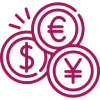 Magenta line icon of overlapping coins marked with dollar, euro, and yen symbols.