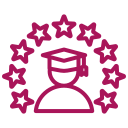 Magenta line icon of an expert wearing a graduation cap, surrounded by stars and a speech bubble