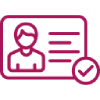 Magenta line icon of a verified user identification card with a person profile and check mark