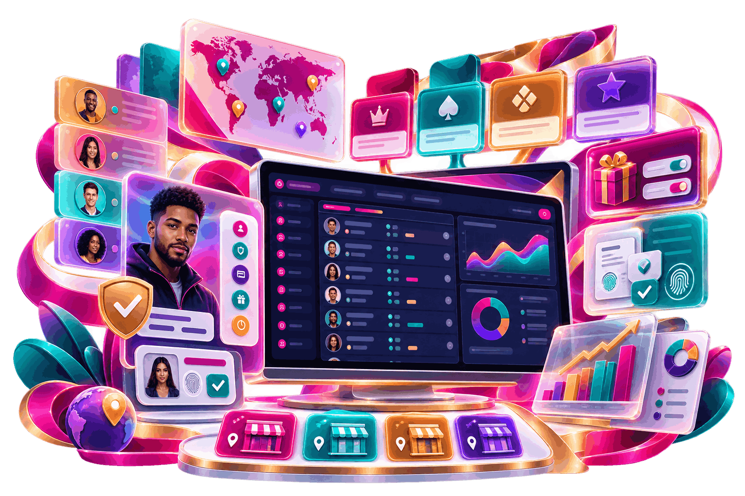 Digital illustration of a player account management dashboard with user profiles, charts, statistics, and account tools