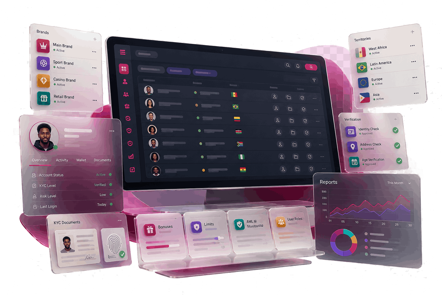 Digital illustration of a smart player account interface displayed on a large monitor with user records and account data
