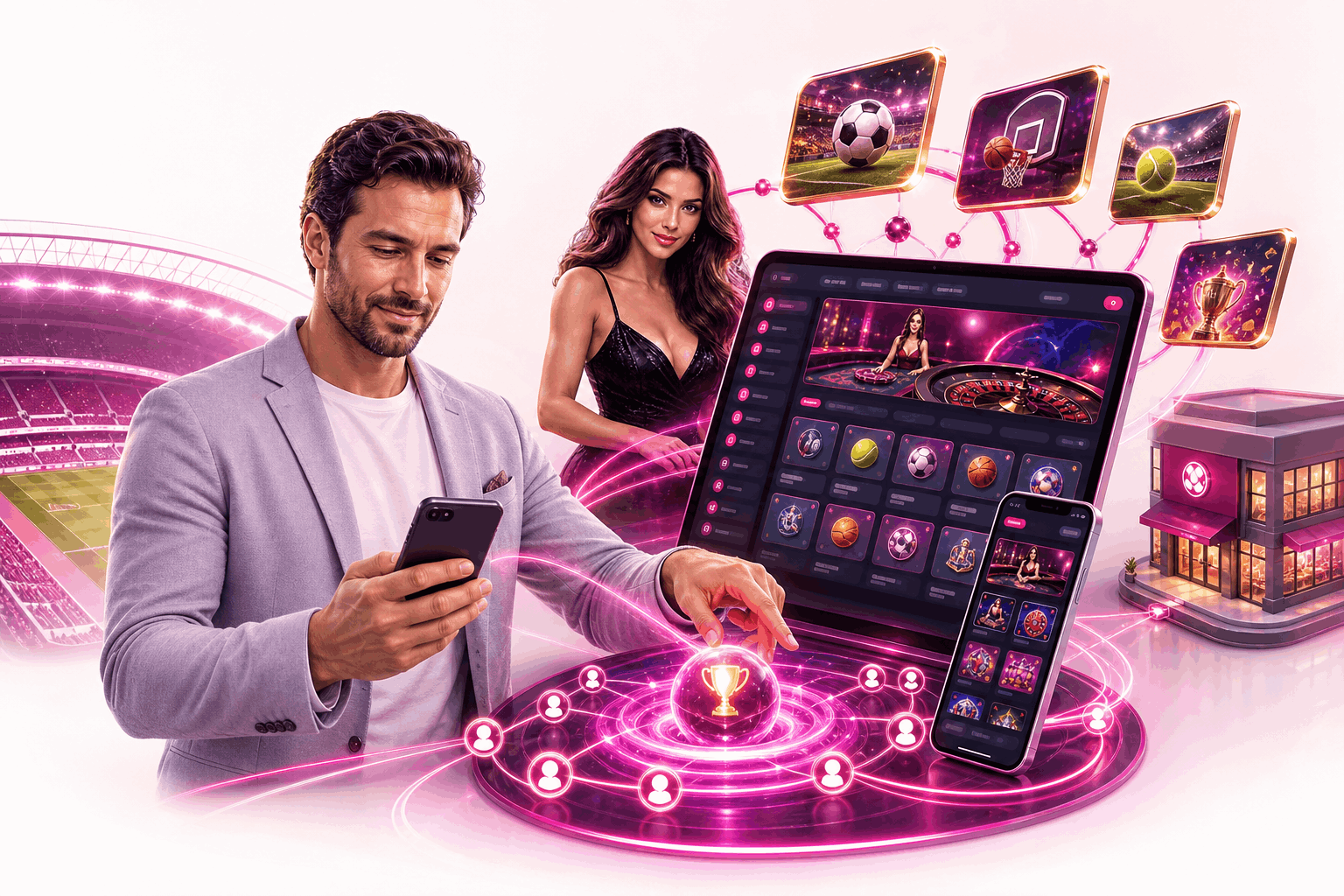 Digital illustration of a man using a smartphone beside a woman and a casino-style retail gaming interface.