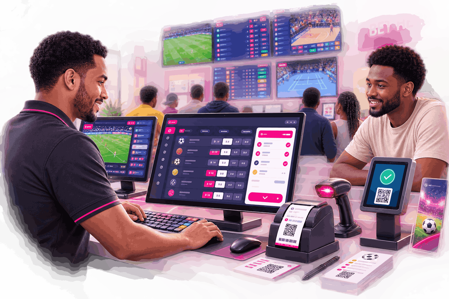 Digital illustration of a retail betting platform with customers using smartphones and large sportsbook screens