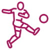 Magenta line icon of a soccer player kicking a ball
