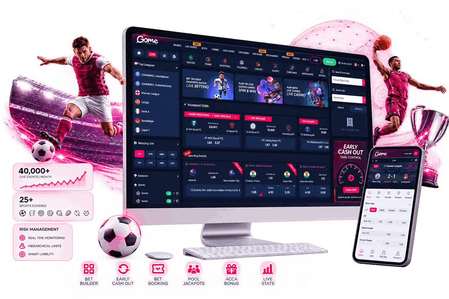 Sportsbook dashboard displayed on a laptop with live sports matches, betting markets, and a football in the foreground.