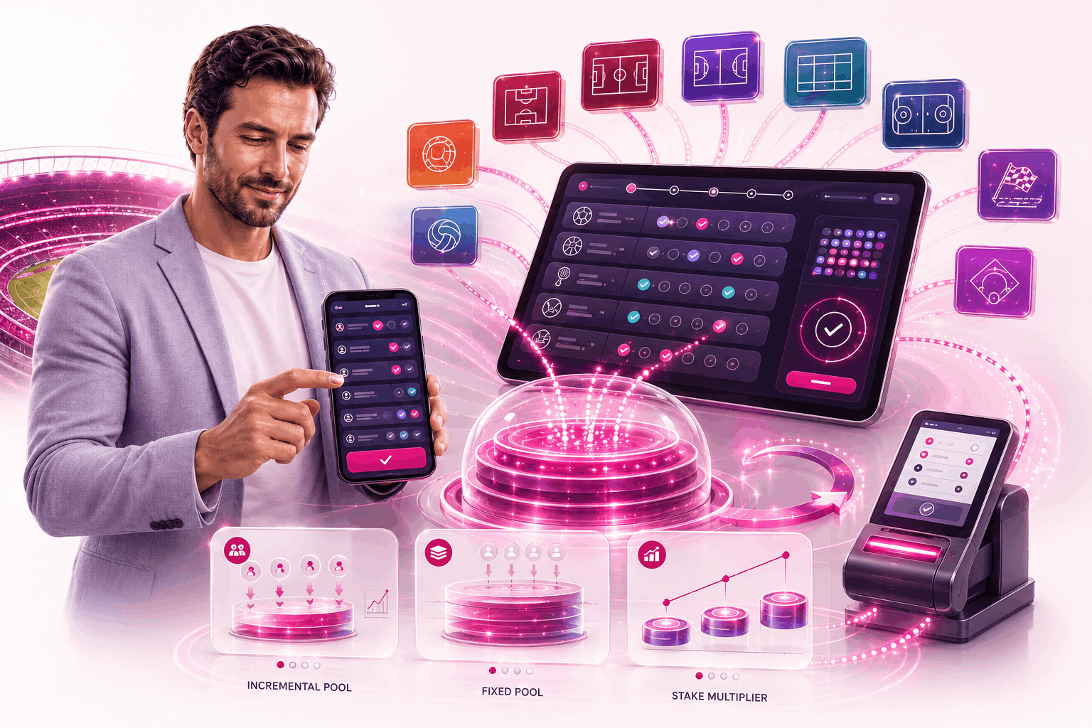 Digital illustration of a man holding a smartphone beside a large sports betting dashboard with connected digital interfaces.