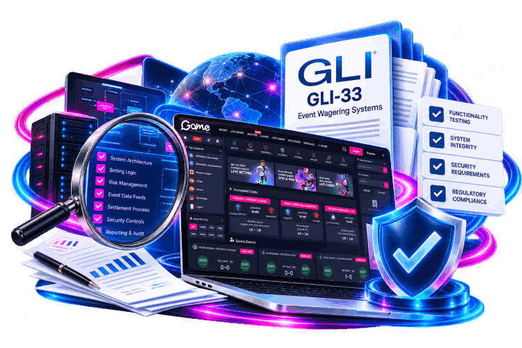 Interaction sportsbook on laptop and mobile with a GLI-33 shield, documents and magnifying glass