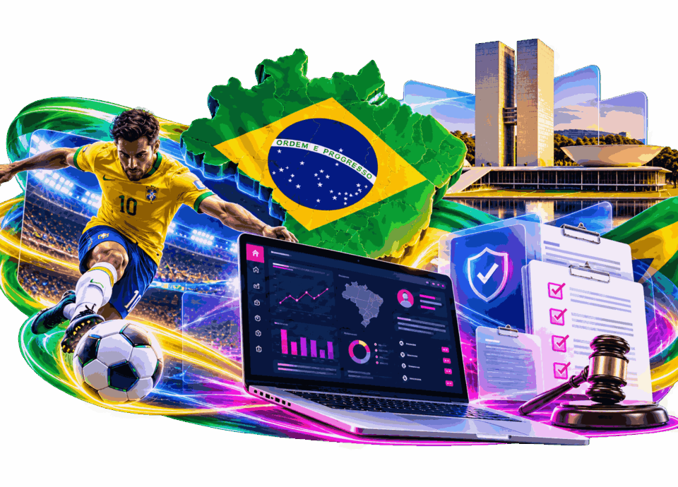 Illustration of Brazil after the elections betting market featuring the Brazilian flag, a football player, a gaming dashboard, and compliance symbols.