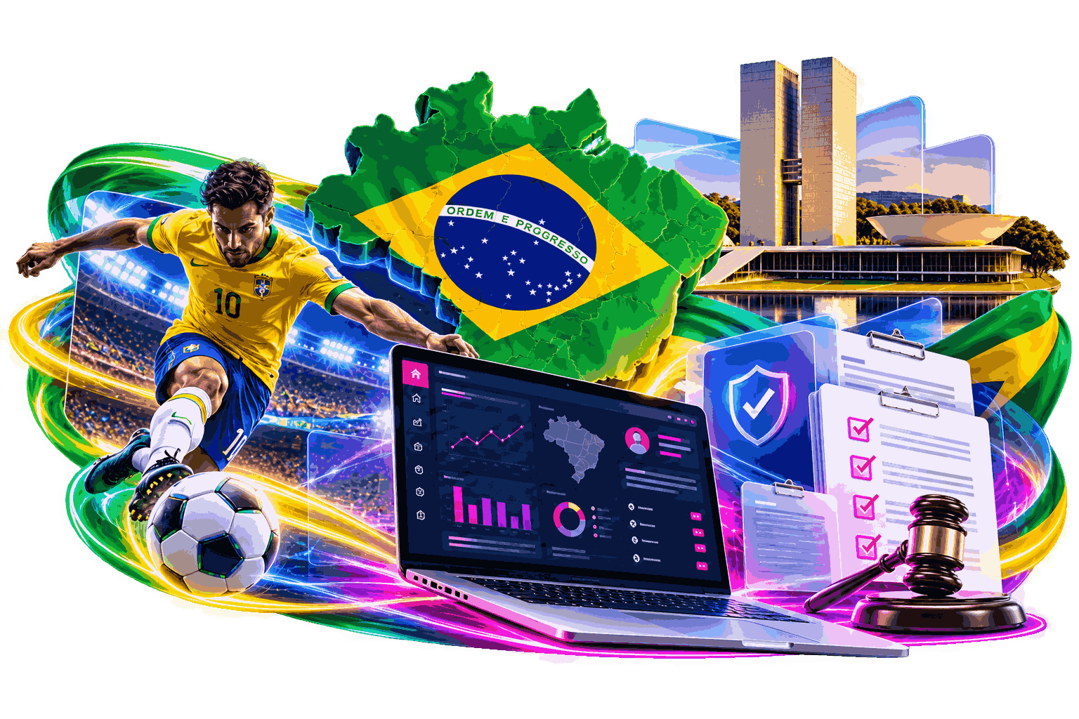 Illustration of Brazil after the elections betting market featuring the Brazilian flag, a football player, a gaming dashboard, and compliance symbols.