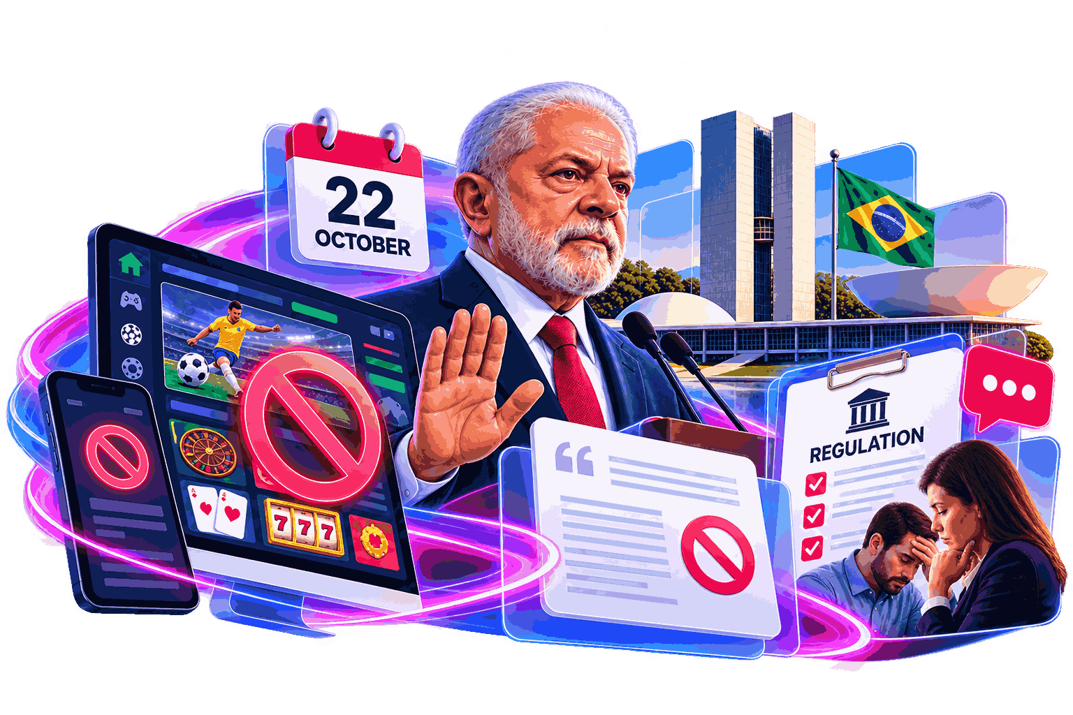 Illustration of a Brazilian political figure raising his hand beside blocked betting screens, Brazil’s Congress, and a distressed family.