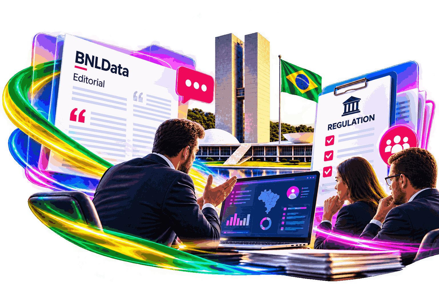 Illustration of professionals reviewing Brazilian market data beside a BNLData editorial, a regulation checklist, Brazil’s flag, and Congress.