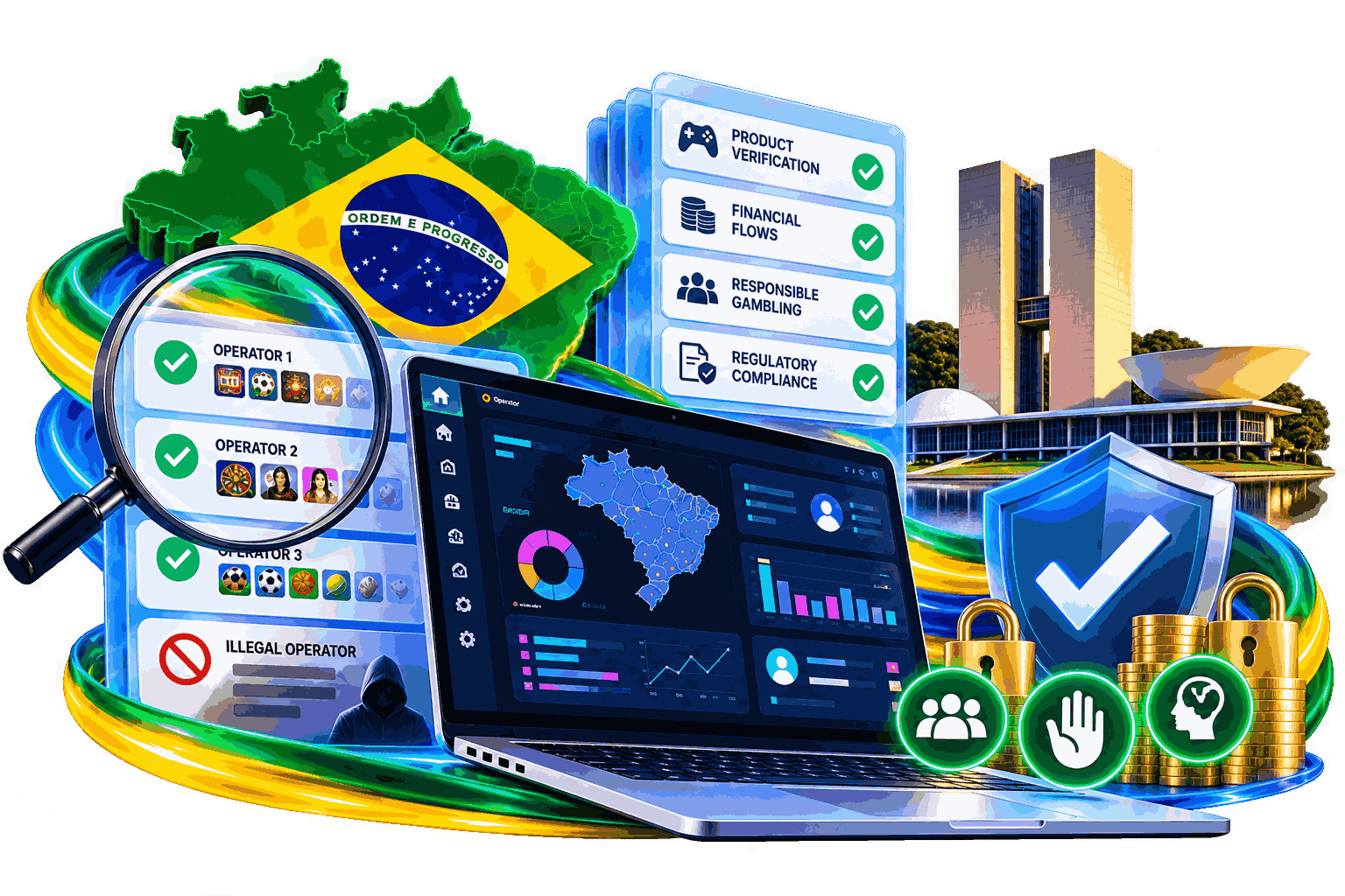 Brazil gambling regulation illustration showing operator verification, financial monitoring, responsible gambling controls and compliance technology.