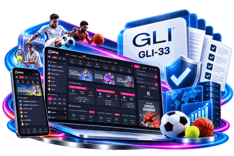 Game Interaction sportsbook on laptop and mobile with a GLI-33 shield, documents and sports balls