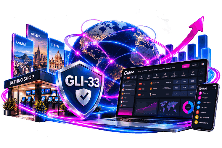 GLI-33 certification shield over a globe, with laptop and phone screens showing a sportsbook platform