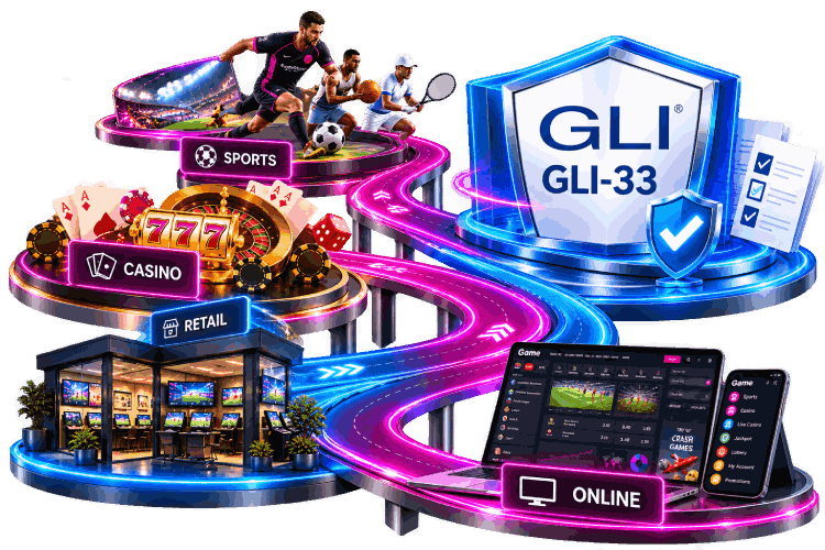 Online and retail betting channels connected by a neon path, with a GLI-33 shield on the sportsbook