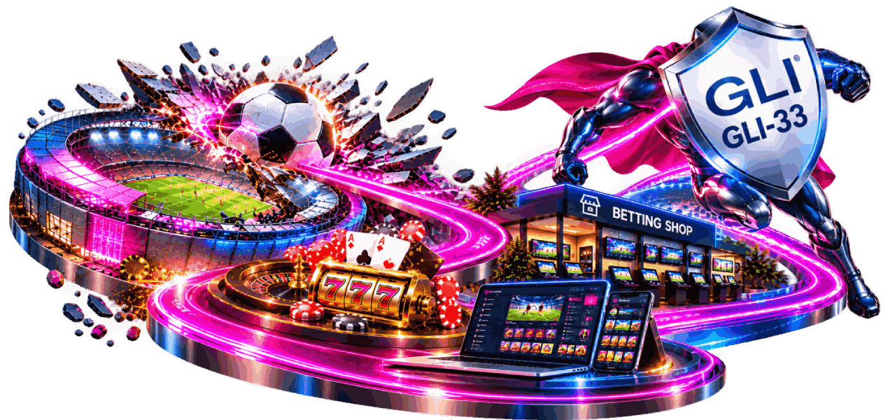 Football stadium with a neon betting track and a GLI-33 shield superhero